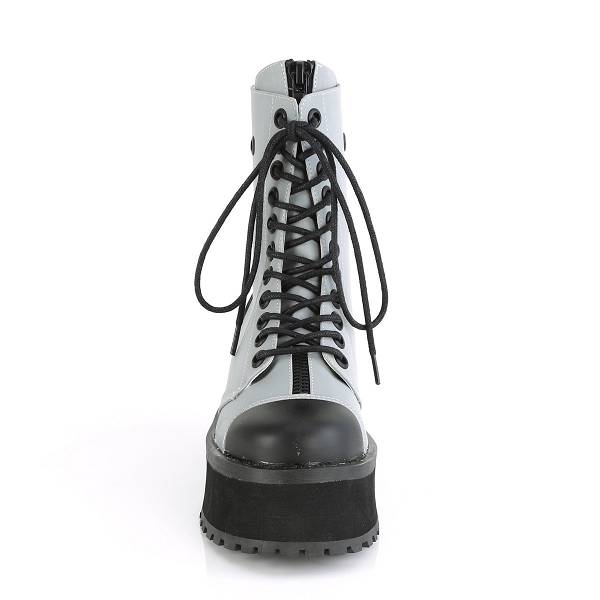Demonia Women's Gravedigger-10 Platform Boots - Grey Reflective D8625-40US Clearance